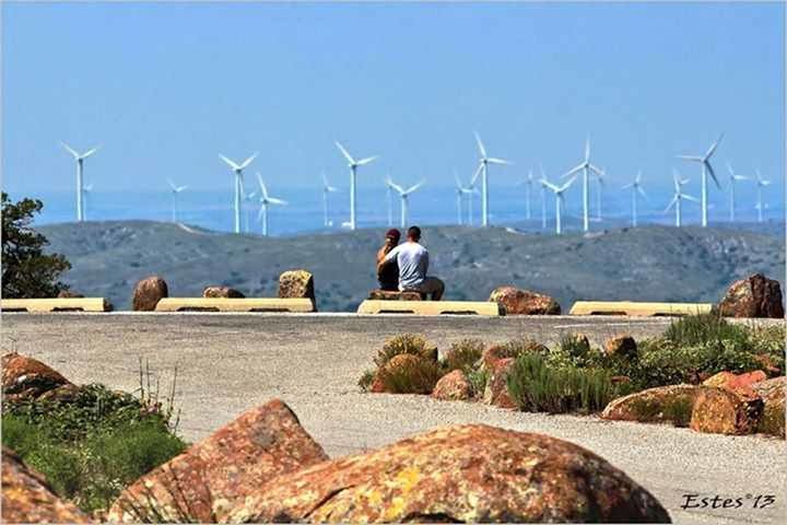 alternative energy, windmill, wind power, wind turbine, clear sky, environmental conservation, renewable energy, technology, water, fuel and power generation, rear view, copy space, tranquil scene, traditional windmill, landscape, lifestyles, sea, blue