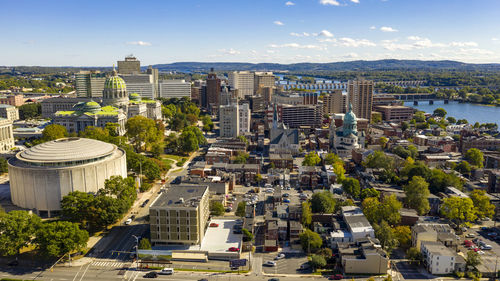 High angle view of buildings against sky