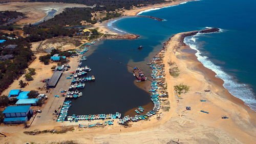 High angle view of beach and marina in sri lanka 