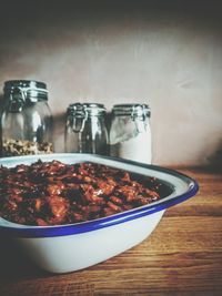 Close-up of food in jar on table