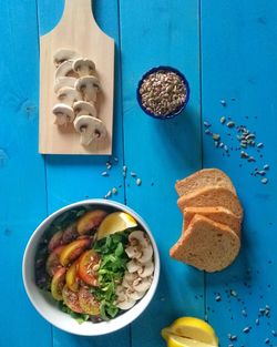 High angle view of breakfast served on table