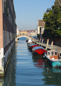 Boats moored on canal against clear sky