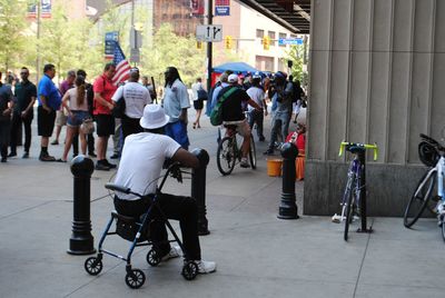 People walking on city street