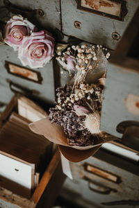 High angle view of flower vase on table