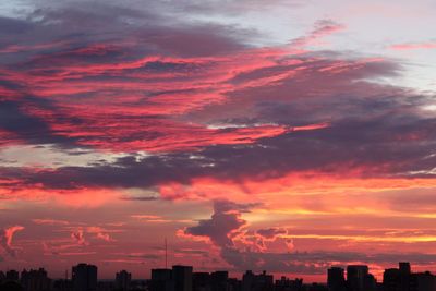 Silhouette buildings against dramatic sky during sunset