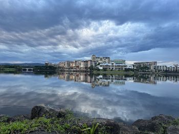 Stunning reflection of european buildings in lake. 