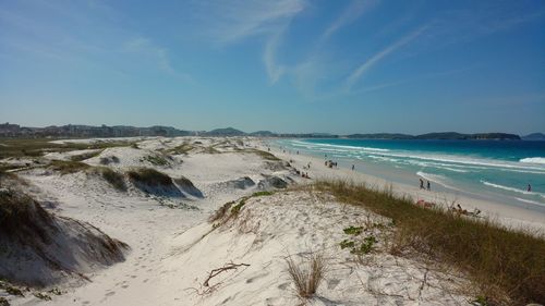 Scenic view of beach against blue sky