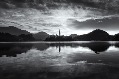 Scenic view of lake against cloudy sky