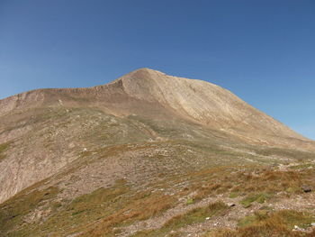 Scenic view of mountain against clear blue sky