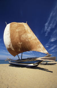 Sailboats moored at beach against sky