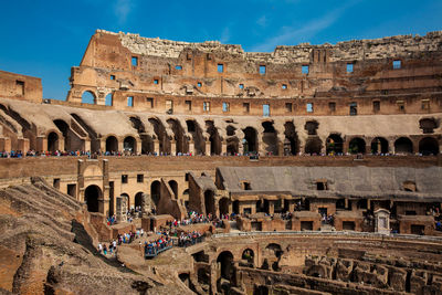 View of the seating areas and the hypogeum of the ancient colosseum in rome