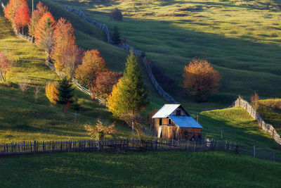 House on field by trees during autumn