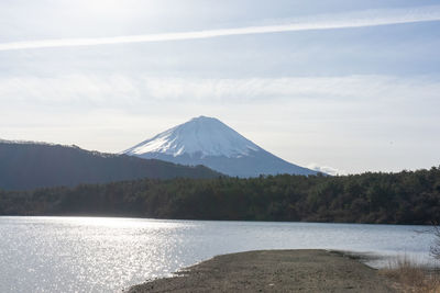 Scenic view of lake by mountains against sky