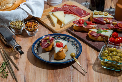 High angle view of breakfast served on table