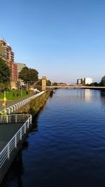 Bridge over river by buildings against clear blue sky