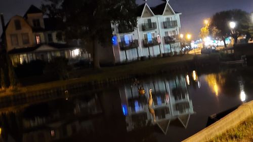 Illuminated buildings by lake in city at night