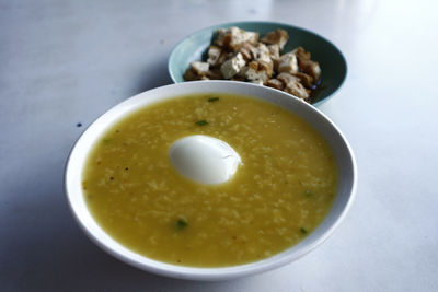 High angle view of soup in bowl on table