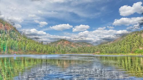 Scenic view of lake against cloudy sky