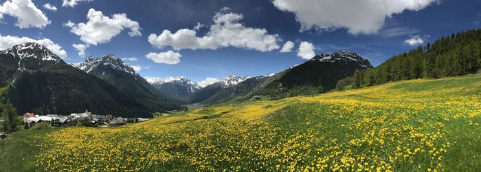 Scenic view of grassy field against cloudy sky