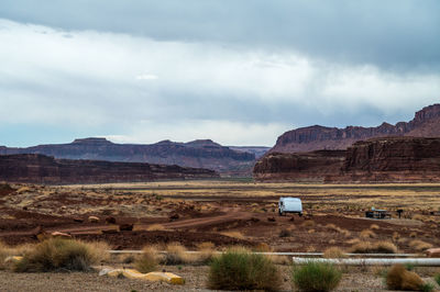 Surrounding scenery of red rock formations and canyons at hite marina campground in utah