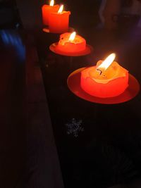 Close-up of lit candles in the dark