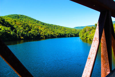 Scenic view of lake in forest against clear blue sky