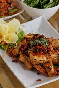 High angle view of food in plate on table