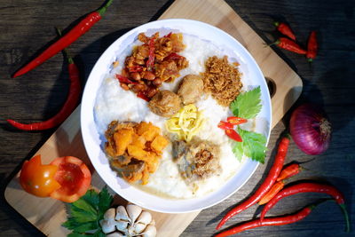 High angle view of food served on table