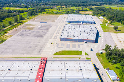 A huge shopping center and parking near it. view from above.aerial photography. empty