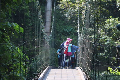 Rear view of people walking on footbridge in forest