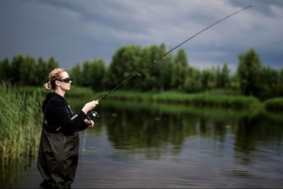 Man fishing in lake