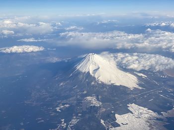 Aerial view of snowcapped mountains against sky