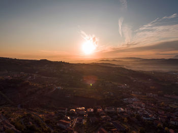 Aerial view of cityscape against sky during sunset