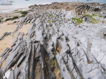 Exposed rock layers on beach
