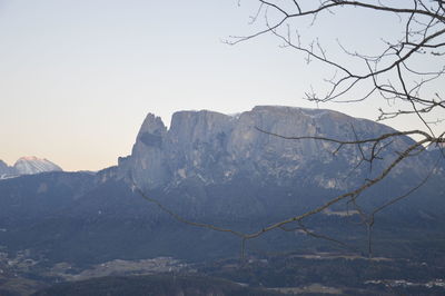 Low angle view of rocky mountains against clear sky