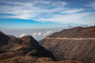 Himalayan breathtaking landscape with bright blue sky and twisty adventurous valley road