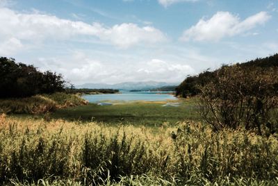 Scenic view of lake against cloudy sky