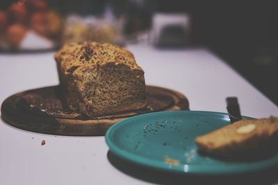 Close-up of cake in plate on table