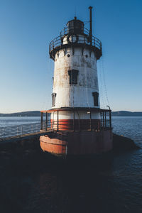 Lighthouse by sea against clear sky