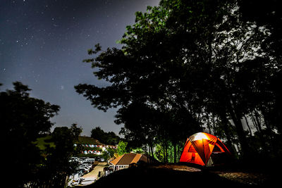 Illuminated tent by trees against sky at night