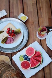 High angle view of breakfast served on table