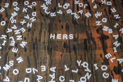 Full frame shot of alphabets on wooden table