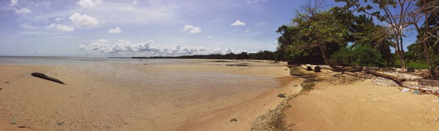 Scenic view of beach against cloudy sky