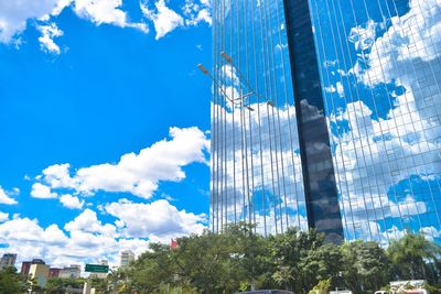 Low angle view of modern building against blue sky