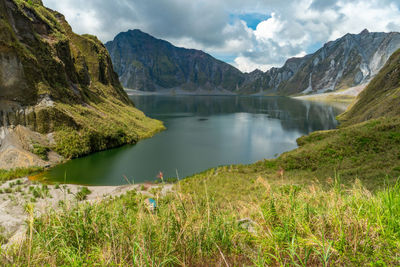 Scenic view of lake and mountains against sky