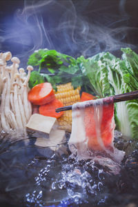 Close-up of vegetables in cooking pan