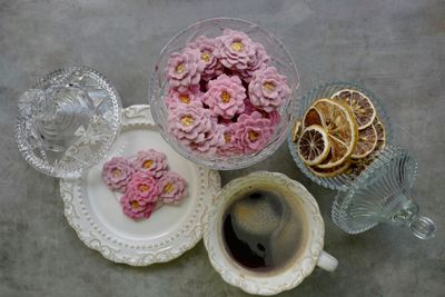 High angle view of roses on table