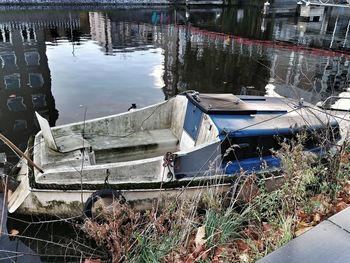 High angle view of boats moored in lake