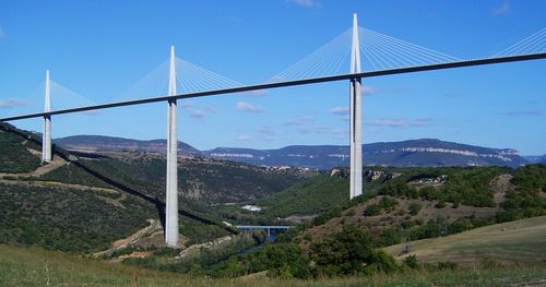 Millau bridge over mountains against sky