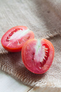 High angle view of strawberries on table